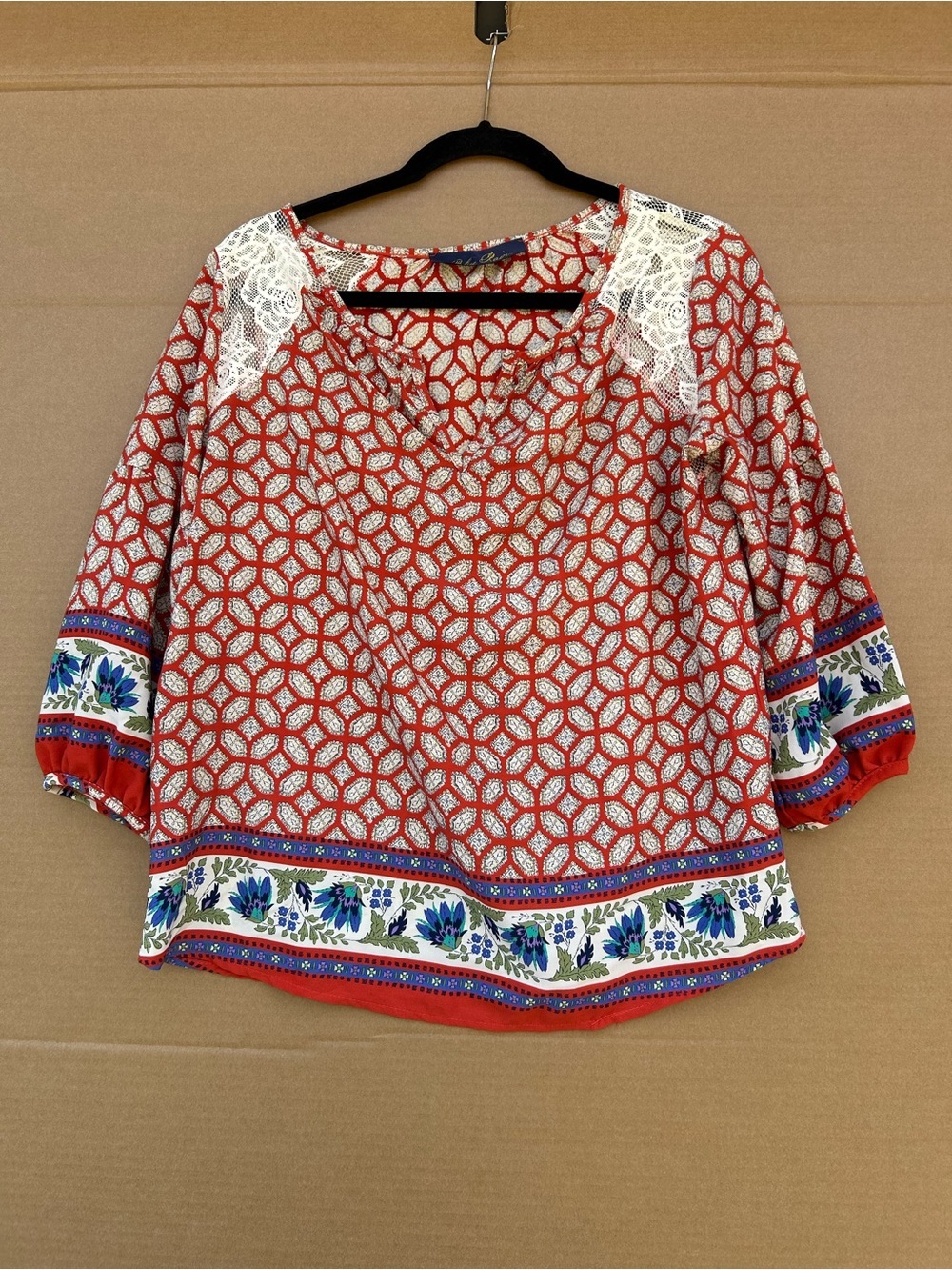 Blue Rain Floral Cottagecore Blouse Boho Lace Shoulder Made in USA Gypsy Small